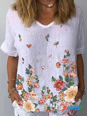 Floral Print V-neck Casual Pullover Short-sleeved T-shirt