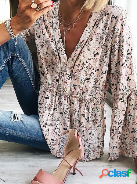 Floreale Casuale Scollo a V Sciolto Camicia