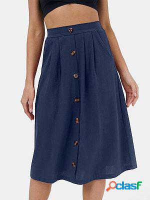 High Waist Side Pocket Button A-line Casual Skirt