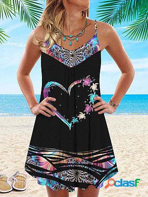 Holiday Turtle Heart Print Thin Strap Beachwear Dress