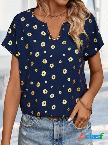 Jersey Sciolto Casuale Blu Floreale Camicia