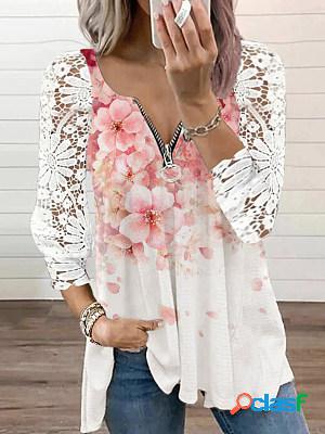 Lace Paneled Long Sleeves Floral Printed Blouse