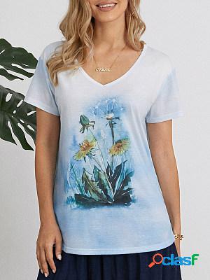 Ladies Dandelion Printed V-Neck Short Sleeve T-Shirt