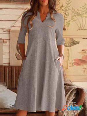 Ladies V-neck Solid Color Cotton And Linen Shift Dress