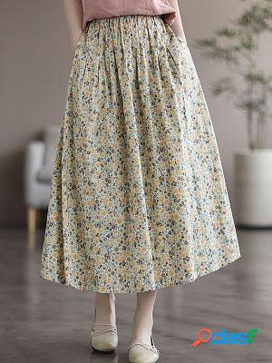 Linen Vintage Loose Floral Print Elastic Waist Skirt