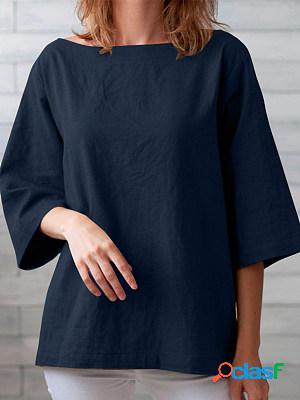 Loose Solid Color Casual Round Neck Blouses