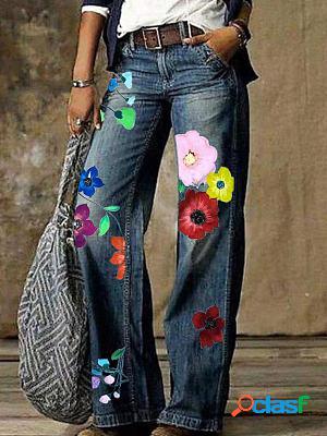 Loose-fit Straight-leg Floral-print Slit Jeans