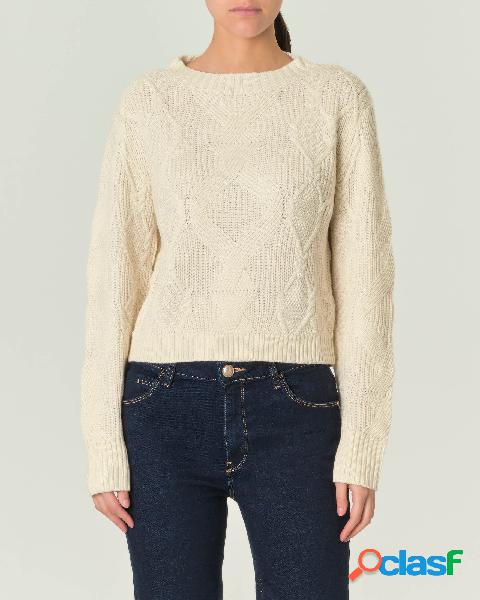 Maglia avorio in lana a trecce con scollo tondo e oblò