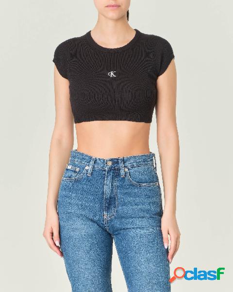 Maglia cropped nera a coste di misto lyocell con maniche