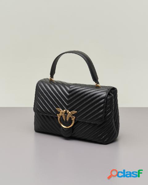 Maxi Lady Bag in pelle nera con motivo a chevron e manico a