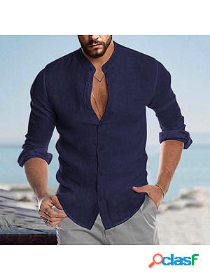 Mens Casual Linen Shirt Band Collar Long Sleeve Button Down