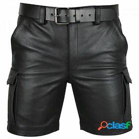 Mens Casual Shorts Faux Leather Shorts Solid Color Pocket