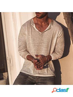 Mens Casual V-Neck Long Sleeve Cotton T-Shirt