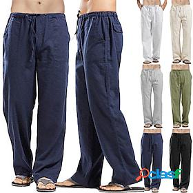 Mens Linen Pants Trousers Beach Pants Solid Color Drawstring