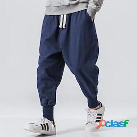 Mens Linen Pants Trousers Solid Color Patchwork Drawstring