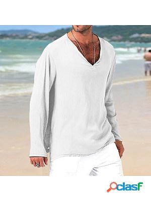 Mens Linen V-Neck Casual Loose Breathable Top Shirt