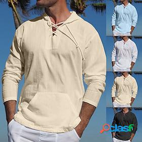 Mens Shirt Solid Color Hooded Street Casual Long Sleeve Tops