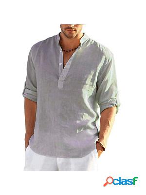 Mens Solid Color Casual Long Sleeve Cotton Linen Shirt