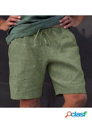 Mens Summer Loose Lace-Up Five-Point Pants Solid Color Linen