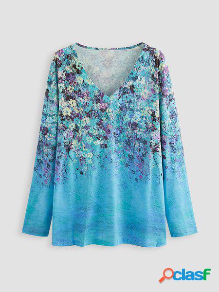 Misto Cotone a Righe Maniche Lunghe Vintage Top