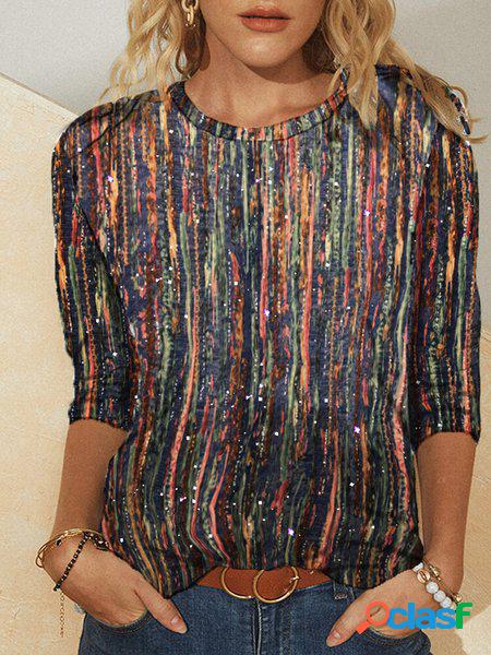 Multicolore a Righe Maniche Lunghe Casuale T-shirt