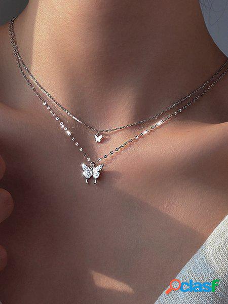 Ogni giorno Argento Diamante Farfalla a strati Collana con