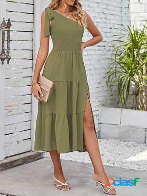 One-shoulder Gathered Tiered Hem Slit Shift Dresses