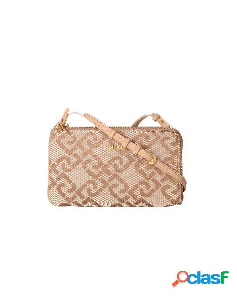 Pochette a doppio scompato in tela cammello monogrammato con