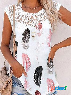 Printed Round Neck Lace Edge Casual Loose Colored Cotton