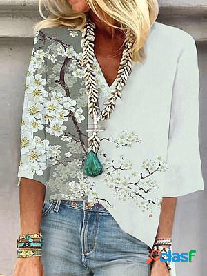 Printed V Neck 3/4 Sleeves Blouse