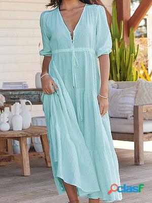 Pure Color Cotton Linen Rope Waist Maxi Dress