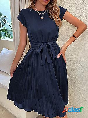 Resort Tie Plain Pleated Skater Dresses