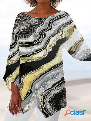 Round Neck Casual Loose Bronzing Marble Print Long-sleeved