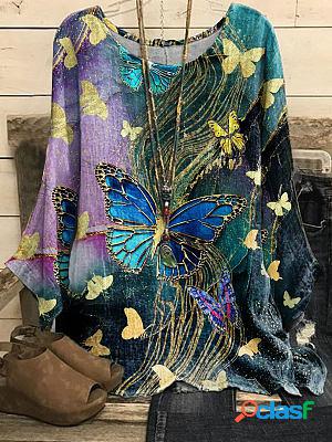 Round Neck Casual Loose Butterfly Print Long Sleeve Blouse