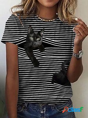 Round Neck Casual Loose Cat Stripe Print Short Sleeve