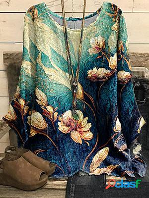 Round Neck Casual Loose Floral Print Long Sleeve Blouse