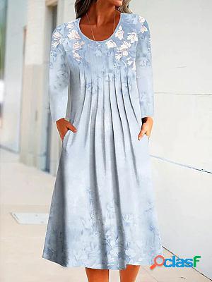 Round Neck Casual Loose Floral Print Long Sleeve Midi Dress