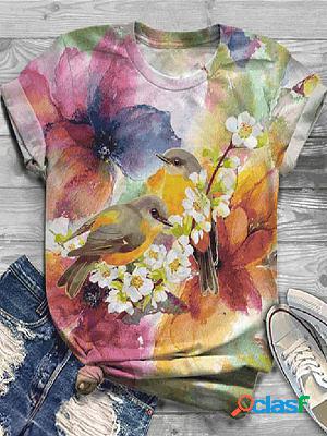 Round Neck Casual Loose Flower And Bird Print Short-sleeved