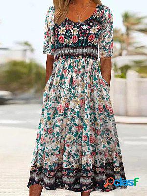 Round Neck Casual Loose Resort Floral Print Short Sleeve