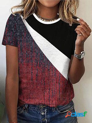 Round Neck Casual Loose Retro Color Block Print