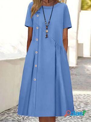 Round Neck Casual Loose Solid Color Button Short Sleeve Midi