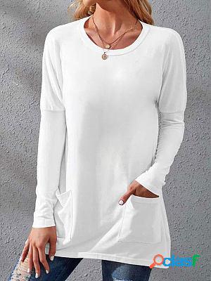 Round Neck Casual Loose Solid Color Long Sleeve T-shirt