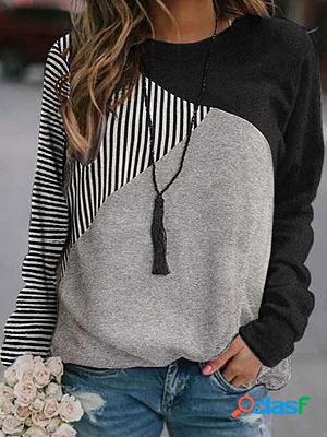 Round Neck Casual Loose Striped Print Panel Sweatshirt