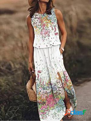 Round Neck Loose Floral Print Resort Tank Maxi Dress