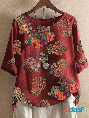 Round Neck Short Sleeve Floral Print Blouse