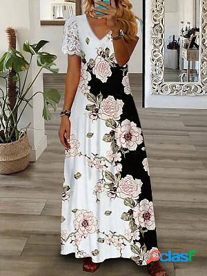 Short Sleeves Lace Paneled Floral Printed Maxi Dress