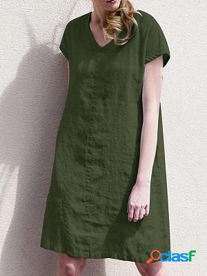 Short-sleeved V Neck Loose Solid Midi Dress