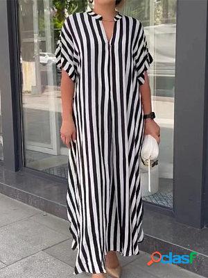 Side Split Striped Cardigan Short-Sleeved Maxi Dress