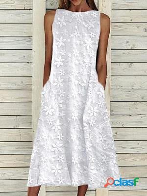Sleeveless White Lace Round Neck Midi Dress