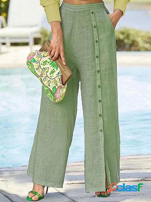 Slit Button Solid Color Pocket Loose Wide Leg Pants